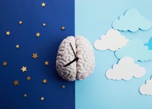 Image of a clock between images of day and night | Featured image for The Sleep-Wake Cycle.