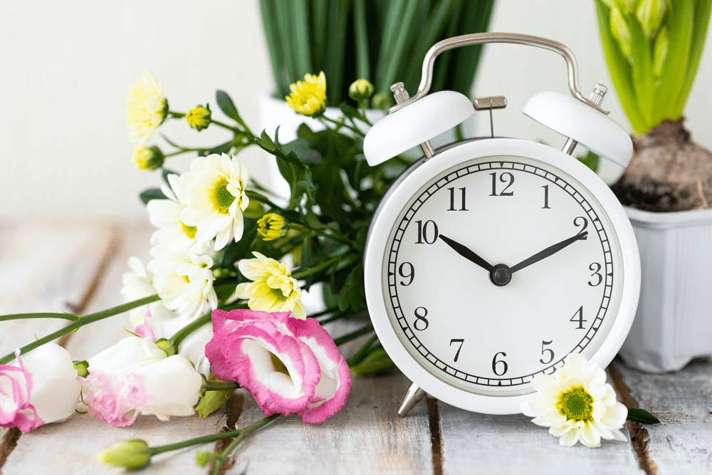 Photo of a bedside clock next to a bunch of flowers | Featured Image for An Hour Less Sleep Blog by Wenatex.